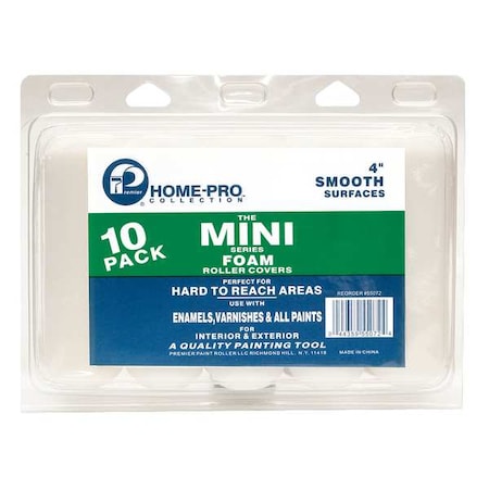 Premier Mini Paint Roller Cover, 4 in Length, 0 in Nap Size, Foam, Home Pro, Mini, 10 PK 55072