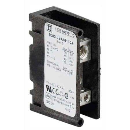 SQUARE D Min Pwr Dist Block, 115A, 1P, 14-2 AWG, 600V 9080LBA161104