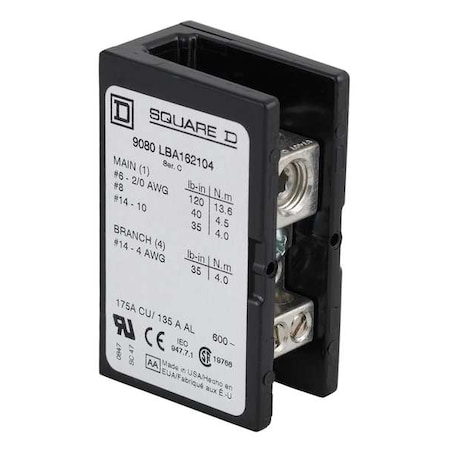 SQUARE D Pwr Dist Block, 175A, 1P, 2/0-6AWG, 600VAC 9080LBA162104