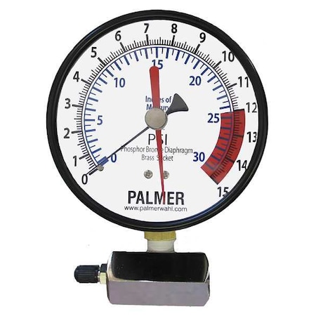 Wahl Pressure Gauge, 0 to 15 psi, 4 in Dial, 3/4 in NPT, Bottom Location, Steel Case Material 40KBDLA15#Hg