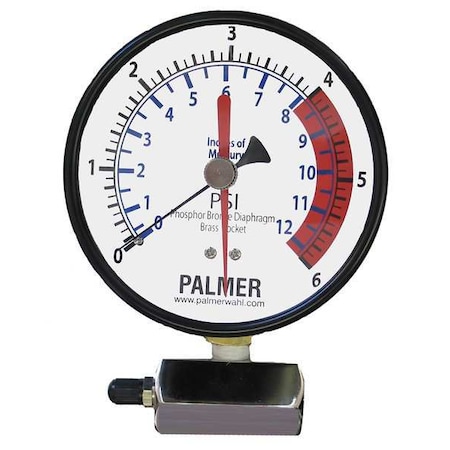 Wahl Pressure Gauge, 0 to 6 psi, 4 in Dial, 3/4 in NPT, Bottom Location, Steel Case Material 40KBDLA6#Hg