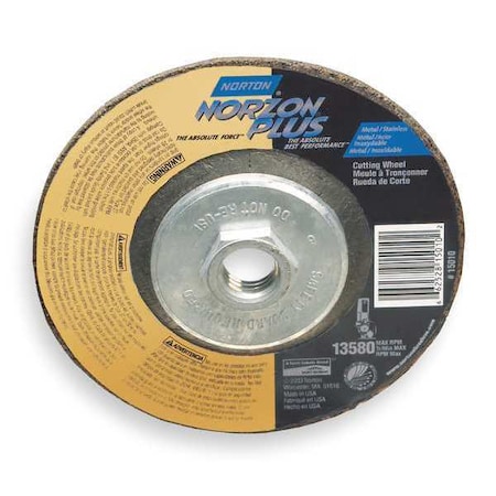 Norton Abrasives Depressed Center Cut-Off Wheel, Type 27, 4 1/2 in Dia, 0.125 in Thick, 5/8"-11 Arbor Hole Size 66252843321