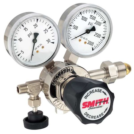Smith Equipment High Purity Gas Regulator, Argon, Helium, Nitrogen, Single Stage, 0.965"-14 Inlet, 1/4 in Outlet 110-2009