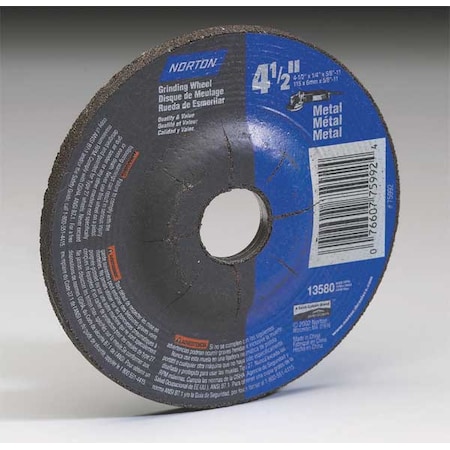 Norton Abrasives Depressed Center Grinding Wheel, Type 27, 4 1/2 in Dia, 0.25 in Thick, 7/8 in Arbor Hole Size 66252843607