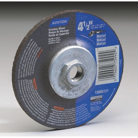 Norton Abrasives Depressed Center Grinding Wheel, Type 27, 9 in Dia, 0.25 in Thick, 5/8"-11 Arbor Hole Size, 24 Grit 07660775938