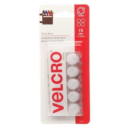 Velcro Brand Reclosable Fastener, Disc, Rubber Adhesive, 5/8 in, White, 15 PK 90070