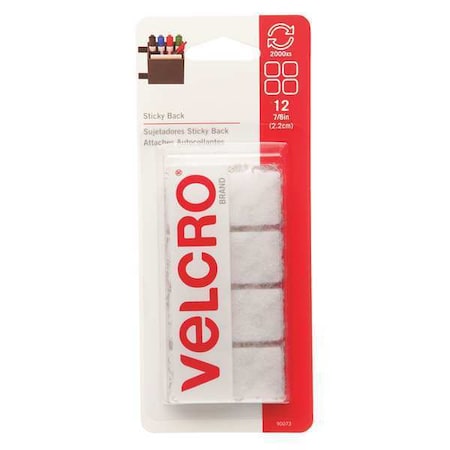 Velcro Brand Reclosable Fastener Shape, Square, Rubber Adhesive, 7/8 in, 7/8 in W, White, 12 PK 90073