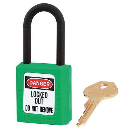 Master Lock Lockout Padlock, Keyed Alike, Thermoplastic, Green, 1 1/2 in Shackle Height, 1 1/2 in Body Width 406KAS12GRN