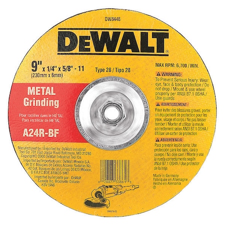 Dewalt Depressed Center Wheels, Type 28, 9 in Dia, 1/4" Thick, 5/8"-11 Arbor Hole Size, Aluminum Oxide DW8448