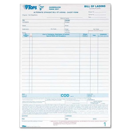 Tops Bill of Lading Form, 8-1/2 x 11, PK50 TOP3847