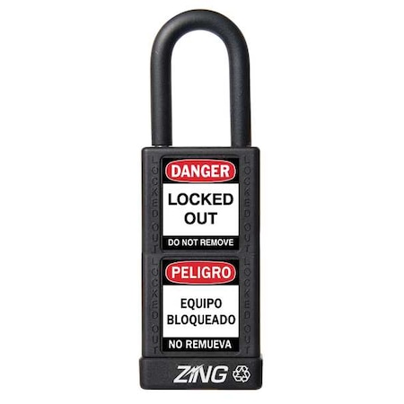 Zing Lockout Padlock, Keyed Different, Aluminum, Black, 1 1/2 in Shackle Height, 1 1/2 in Body Width 7076