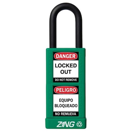 Zing Lockout Padlock, Keyed Different, Aluminum, Green, 1 1/2 in Shackle Height, 1 1/2 in Body Width 7074