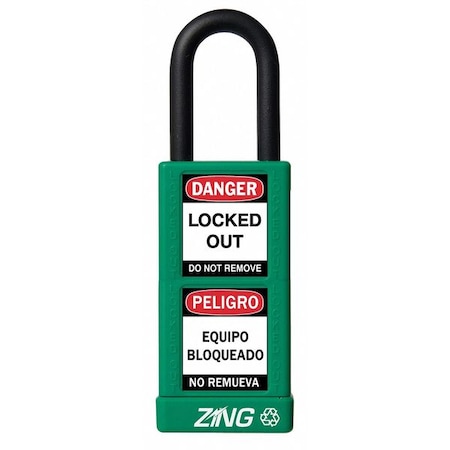 Zing Lockout Padlock, Keyed Alike, Aluminum, Green, 1 1/2 in Shackle Height, 1 1/2 in Body Width 7075