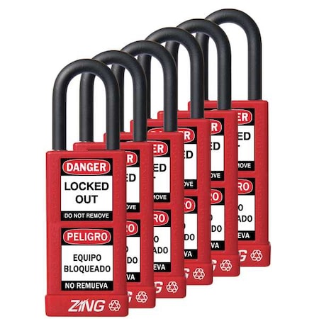 Zing Lockout Padlock, Keyed Alike, Aluminum, Red, 1 1/2 in Shackle Height, 1 1/2 in Body Width, 6 PK 7087