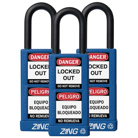 Zing Lockout Padlock, Keyed Alike, Aluminum, Blue, 1 1/2 in Shackle Height, 1 1/2 in Body Width, 3 PK 7088