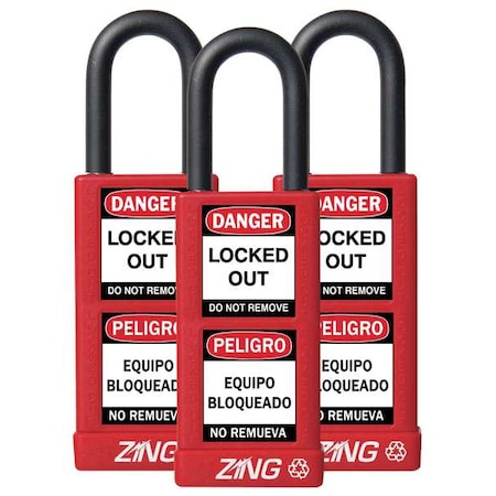 Zing Lockout Padlock, Keyed Alike, Aluminum, Red, 1 1/2 in Shackle Height, 1 1/2 in Body Width, 3 PK 7086
