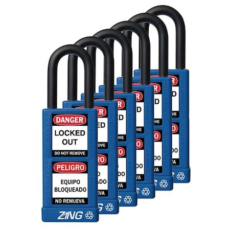 Zing Lockout Padlock, Keyed Alike, Aluminum, Blue, 1 1/2 in Shackle Height, 1 1/2 in Body Width, 6 PK 7089