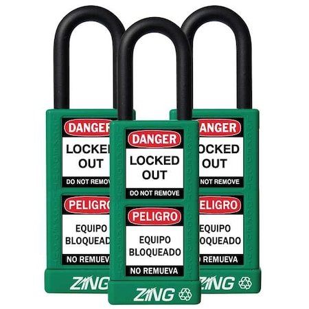 Zing Lockout Padlock, Keyed Alike, Aluminum, Green, 1 1/2 in Shackle Height, 1 1/2 in Body Width, 3 PK 7090