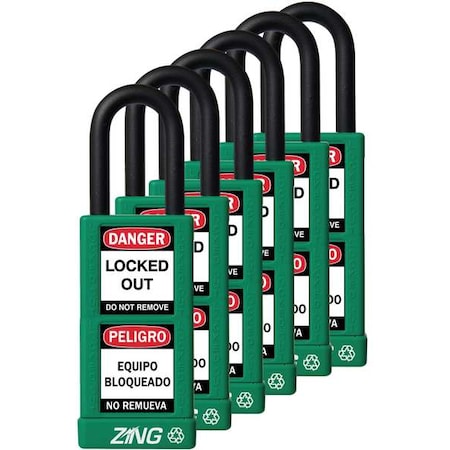 Zing Lockout Padlock, Keyed Alike, Aluminum, Green, 1 1/2 in Shackle Height, 1 1/2 in Body Width, 6 PK 7091