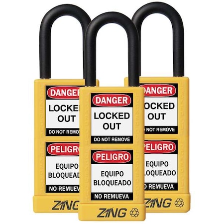 Zing Lockout Padlock, Keyed Alike, Aluminum, Yellow, 1 1/2 in Shackle Height, 1 1/2 in Body Width, 3 PK 7092
