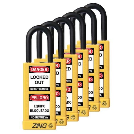 Zing Lockout Padlock, Keyed Alike, Aluminum, Yellow, 1 1/2 in Shackle Height, 1 1/2 in Body Width, 6 PK 7093