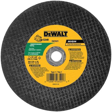 Dewalt Abrasive Cut-Off Wheel, Type 1, 7 in Dia, 0.125 in Thick, 5/8 in Arbor Hole Size, Silicon Carbide DW3521