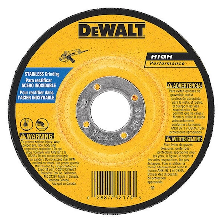 Dewalt Depressed Center Grinding Wheel, Type 27, 6 in Dia, 0.25 in Thick, 7/8 in Arbor Hole Size, 30 Grit DW8465