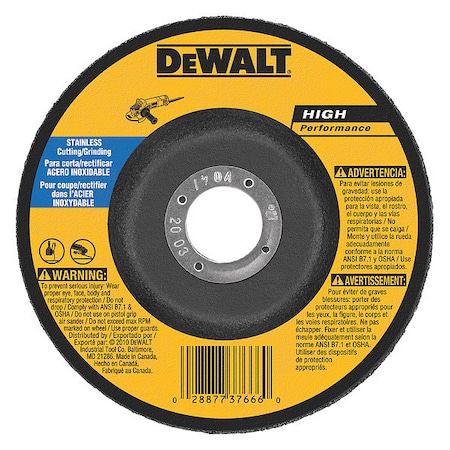 Dewalt Cut-Off & Grinding Wheel, Type 27, 6 in Dia, 0.125 in Thick, 7/8 in Arbor Hole Size, Aluminum Oxide DW8457