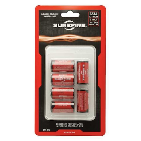 Surefire Battery, 123A, Lithium, 3V, PK6 SF6-BC