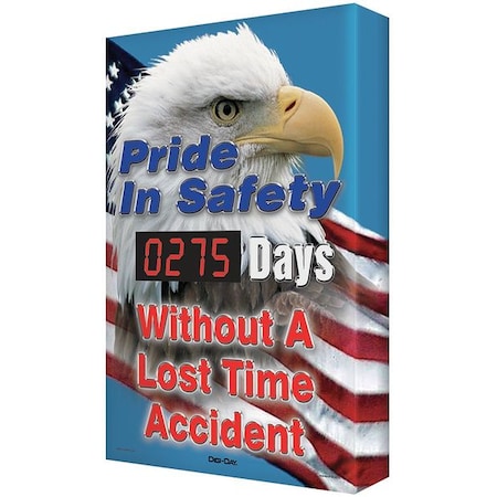 Accuform SCK109 Aluminum Digi-Day Electronic Safety Scoreboard, "PRIDE IN SAFETY - #### DAYS WITHOUT A LOST TIME ACCIDENT" with USA Flag/Eagle Graphics