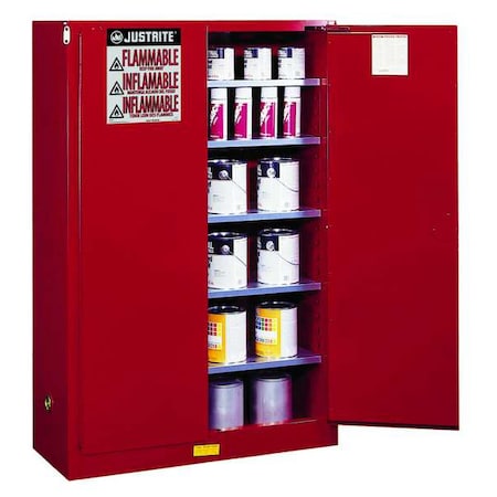 Justrite Hazardous Material Storage Cabinet, 60 gal, 5 Shelves, Steel, 43 in W x 65 in H x 18 in D, Red 894511