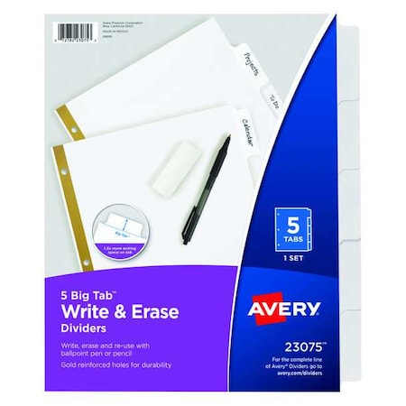 Avery Avery Big Tab Write & Erase Dividers 23075, 5 White Tabs, 1 Set 7278223075