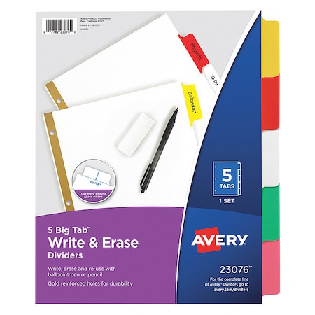 Avery Avery Big Tab Write & Erase Dividers 23076, 5 Multicolor Tabs, 1 Set 7278223076