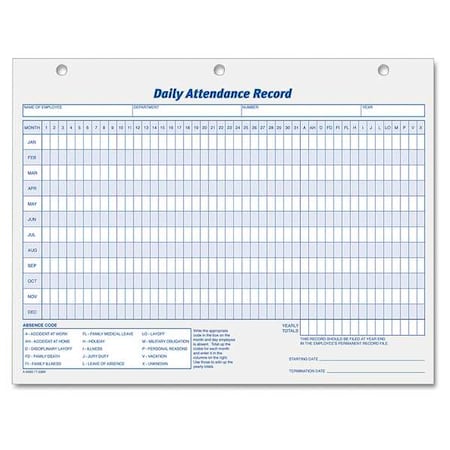 Tops Daily Attendance Card, 8-1/2 x 11, PK50 TOP3284