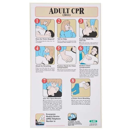 Accuform First Aid Poster, Adult CPR (2011), 19 1/2 in H x, 11 in W, Plastic 197717