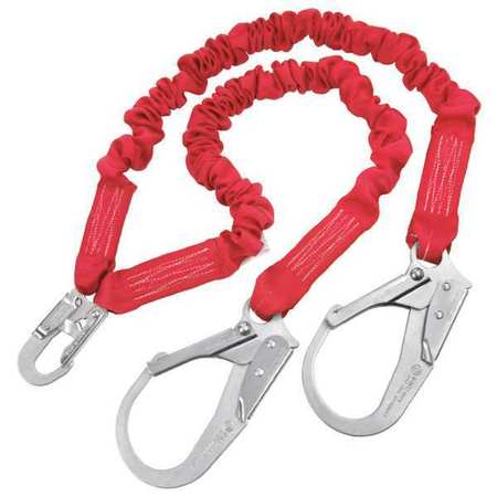 3M PROTECTA PRO Stretch Shock Absorbing Lanyard, 100% Tie-Off, Elastic, Snap Hook, Two Rebar Hooks, 6 ft, Red 1340161