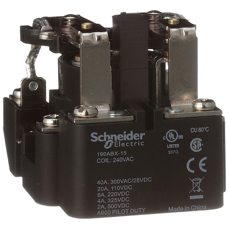 Schneider Electric Surface, Open Power Relay, Octal, 40 A, 8, Screw 199ABX-15