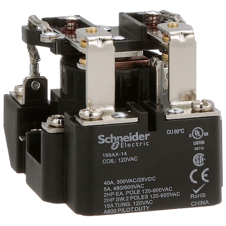 SCHNEIDER ELECTRIC Open Power Relay, Surface Mounted, DPDT, 120V AC, 8 Pins, 2 Poles 199AX-14