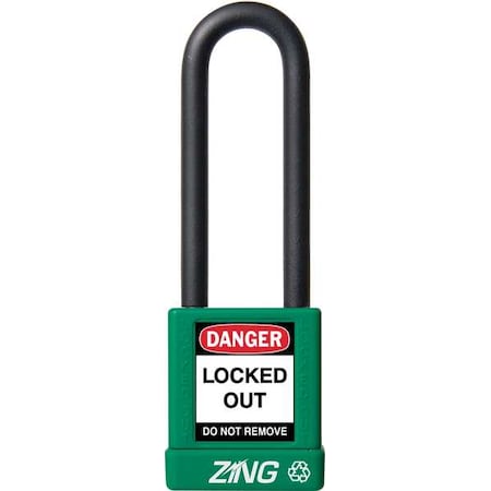Zing Lockout Padlock, Keyed Alike, Aluminum, Green, 3 in Shackle Height, 1 1/2 in Body Width 7051