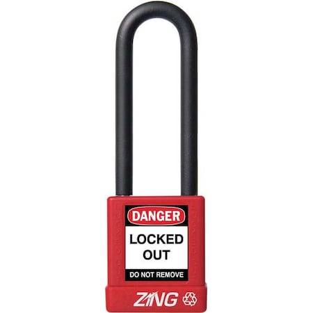 Zing Lockout Padlock, Keyed Alike, Aluminum, Red, 3 in Shackle Height, 1 1/2 in Body Width 9751
