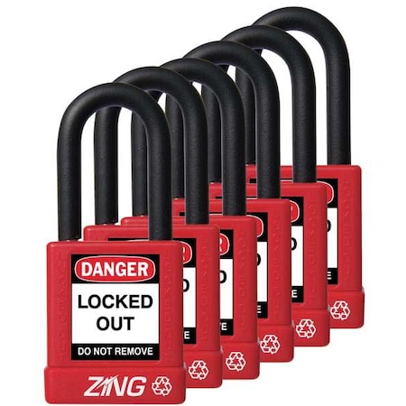 Zing Lockout Padlock, Keyed Alike, Aluminum, Red, 1 1/2 in Shackle Height, 1 1/2 in Body Width, 6 PK 7063