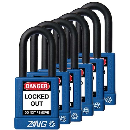 Zing Lockout Padlock, Keyed Alike, Aluminum, Blue, 1 1/2 in Shackle Height, 1 1/2 in Body Width, 6 PK 7065