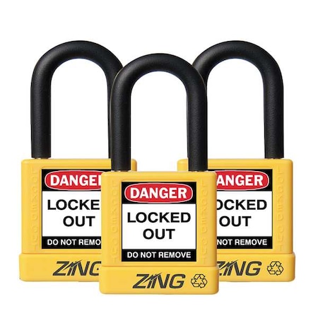Zing Lockout Padlock, Keyed Alike, Aluminum, Yellow, 1 1/2 in Shackle Height, 1 1/2 in Body Width, 3 PK 7068