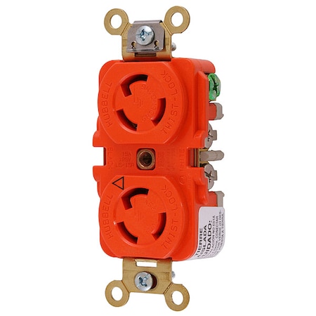 Hubbell Wiring Device-Kellems Duplex Locking Receptacle, L5-15R, 15 A, 125V AC, Single Phase, 2 Pole, Flush Mount, Orange IG4700A