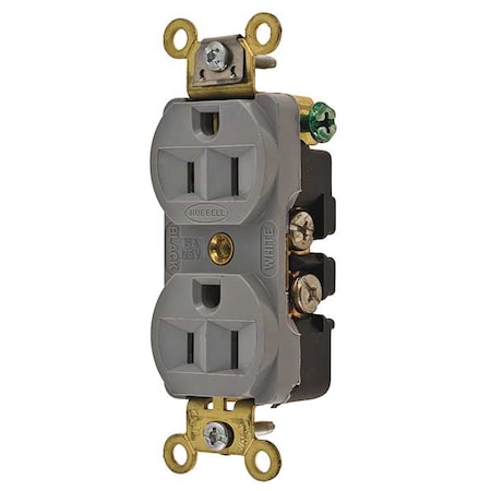 Hubbell Wiring Device-Kellems Straight Blade Receptacle, 5-15R, 15 A, 125V AC, 2 Pole, 3 Wire, Flush Mount, Grounded HBL5252GY