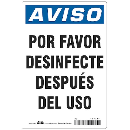 Zoro Select Spanish Por Favor Desinfecte Sign, 10 in Height, 7 in Width, Polystyrene, Rectangle, Spanish HWN838P1007