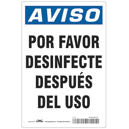 Zoro Select Spanish Por Favor Desinfecte Sign, 10 in Height, 7 in Width, Aluminum, Rectangle, Spanish HWN838A1007