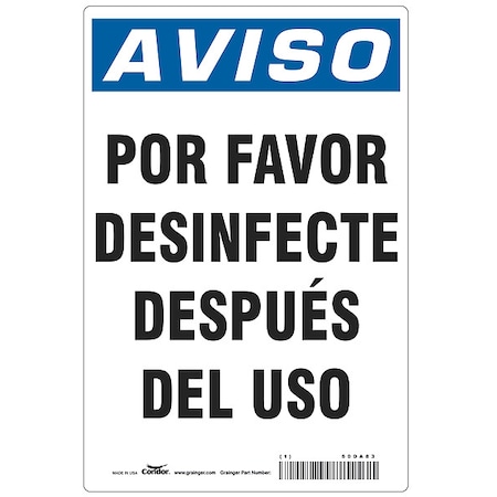 Zoro Select Spanish Por Favor Desinfecte Sign, 14 in Height, 10 in Width, Polystyrene, Rectangle, Spanish HWN838P1410
