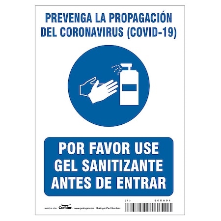 Zoro Select Spanish Use Hand Sanitizer Sign, 10 in Height, 7 in Width, Polystyrene, Rectangle, Spanish HWB720P1007