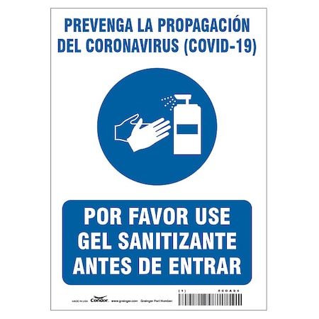Condor Spanish Use Hand Sanitizer Sign, 14 in Height, 10 in Width, Rectangle, Spanish HWB720P1410